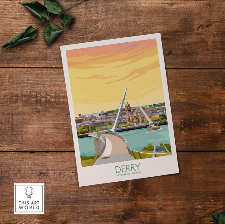 Derry Print Northern Ireland poster featuring Peace Bridge on a stylish vintage-style background.