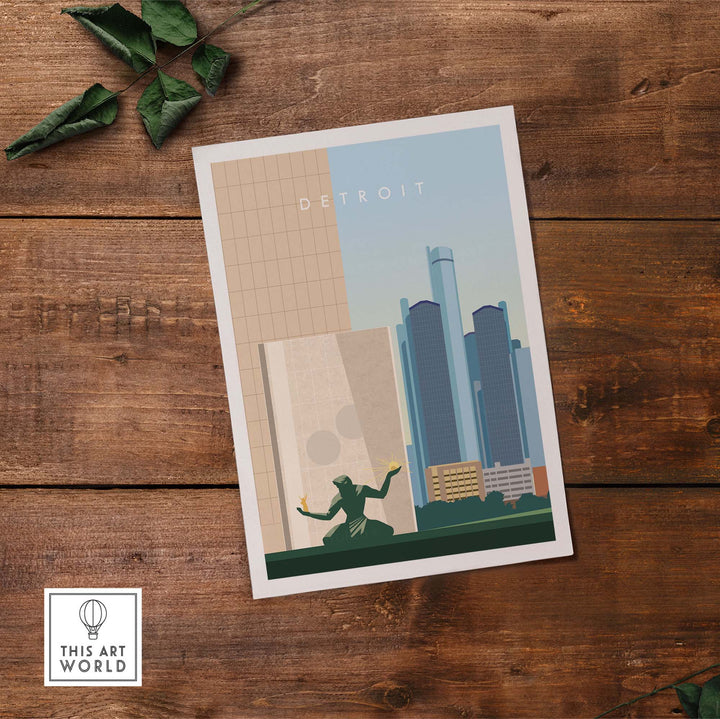 Detroit travel poster print showcasing iconic city skyline and vintage style, perfect for home or office decor.