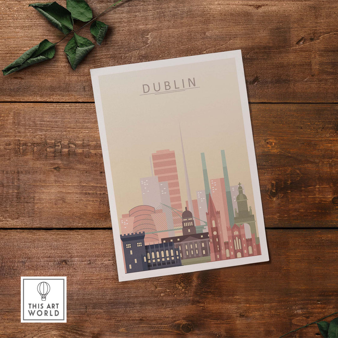 Dublin skyline wall art print in pastel tones, showcasing iconic architecture and cityscape details.