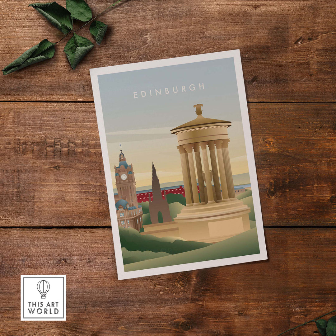 Edinburgh wall art poster featuring iconic monuments and vintage design, perfect for home or office decor.