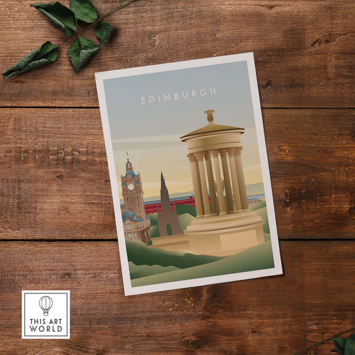 Edinburgh wall art poster featuring iconic monuments and vintage design, perfect for home or office decor.