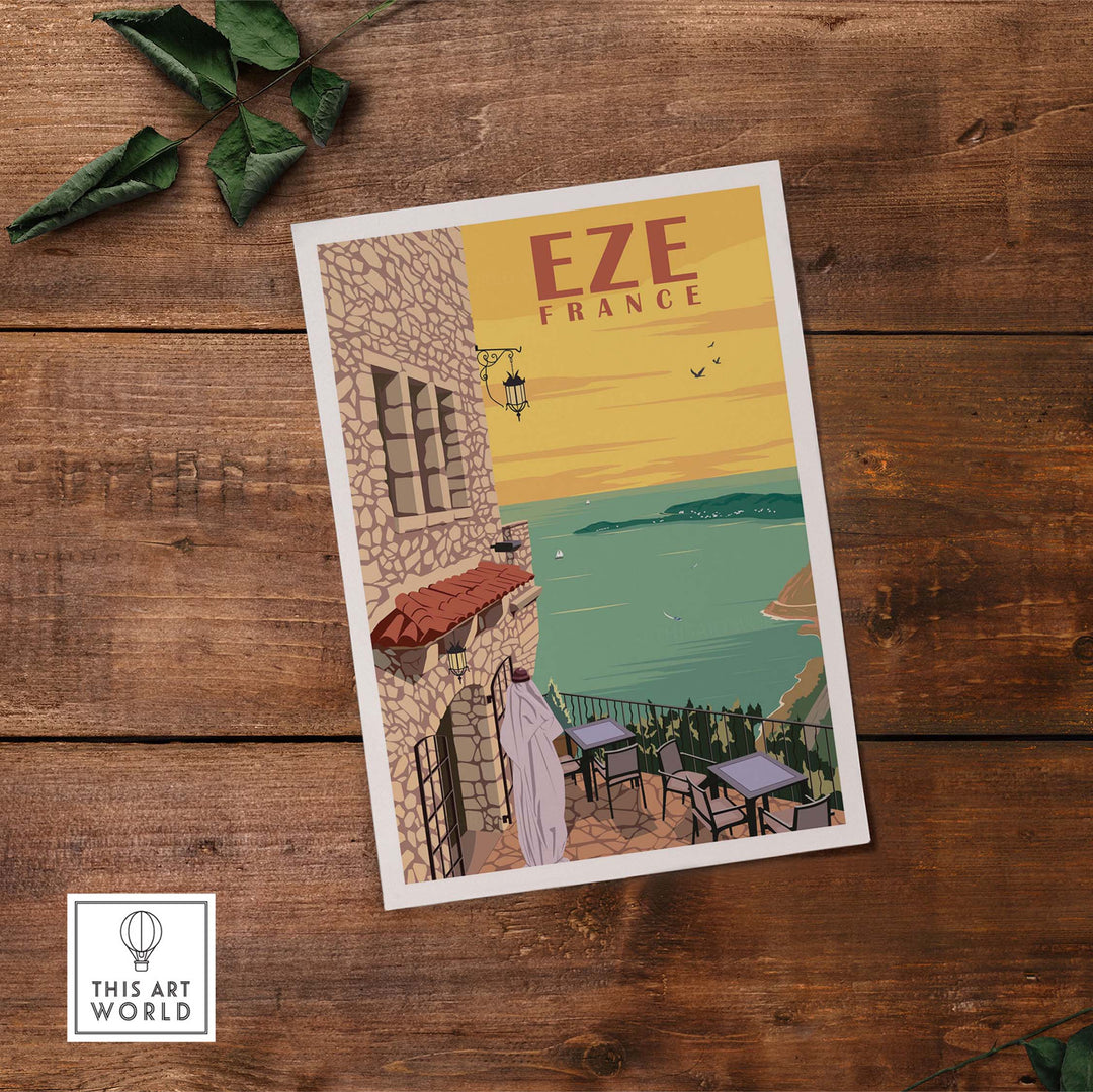 Eze France vintage travel poster print wall art featuring scenic coastal view and charming architecture.