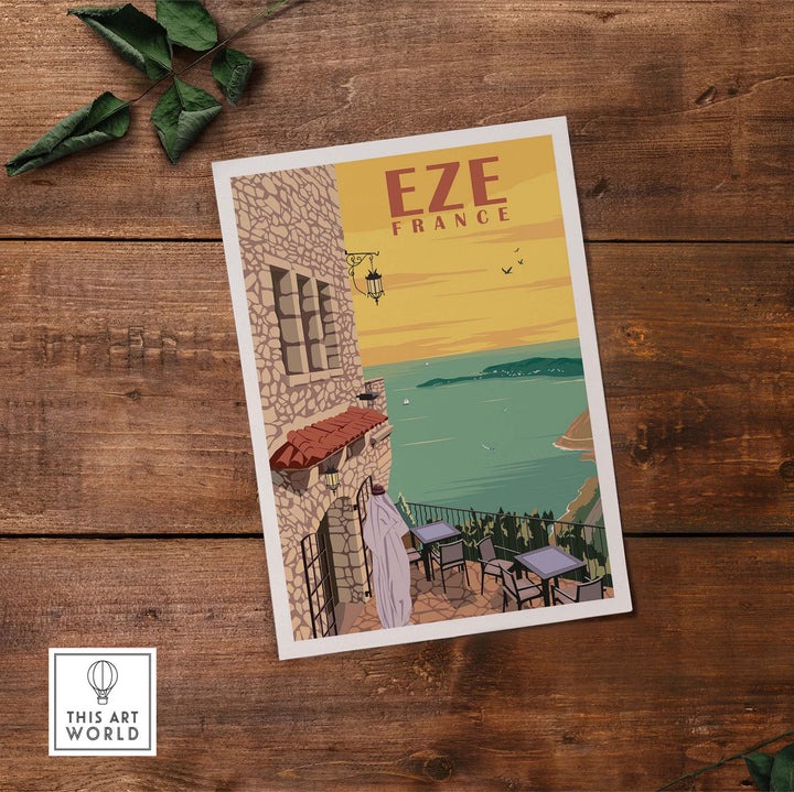 Eze France vintage travel poster print wall art featuring scenic coastal view and charming architecture.