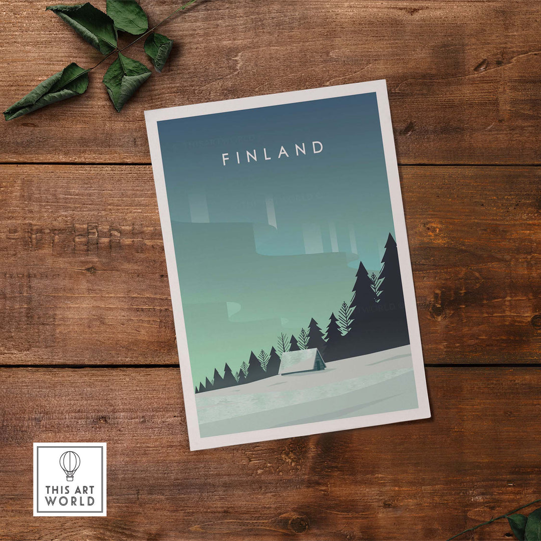 Finland Print Wall Art Poster featuring Northern Lights and pine trees on a stylish wooden background.