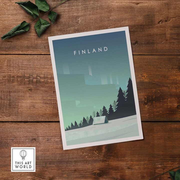 Finland Print Wall Art Poster featuring Northern Lights and pine trees on a stylish wooden background.