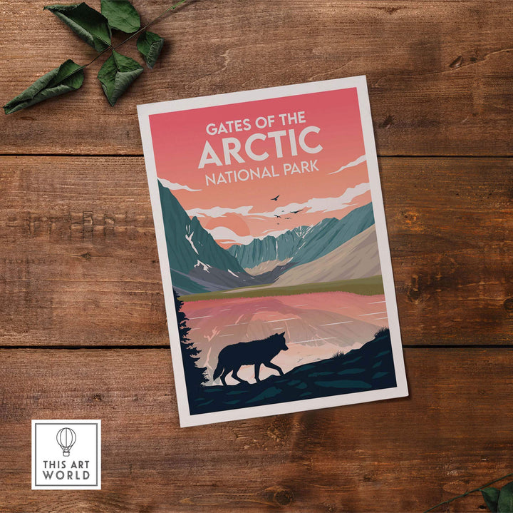 Gates of the Arctic vintage travel poster featuring a wolf with mountains and a lake in the background.