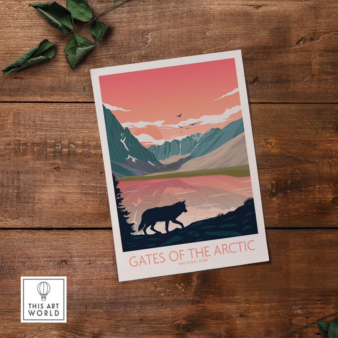 Gates of the Arctic National Park poster art print featuring a silhouette of a moose against a scenic landscape.