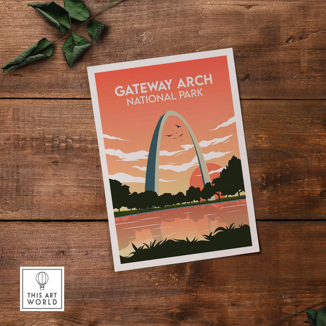 Gateway Arch National Park print art poster in vintage style on wooden surface.
