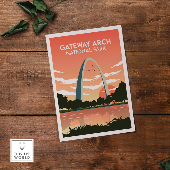 Gateway Arch National Park print art poster in vintage style on wooden surface.