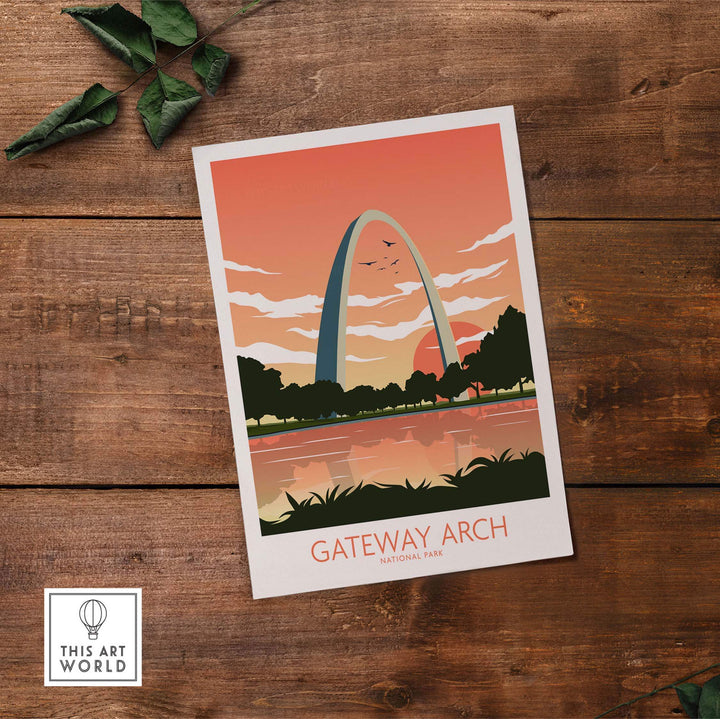 Gateway Arch National Park art print showcasing minimalist design with pastel colors and nature elements.