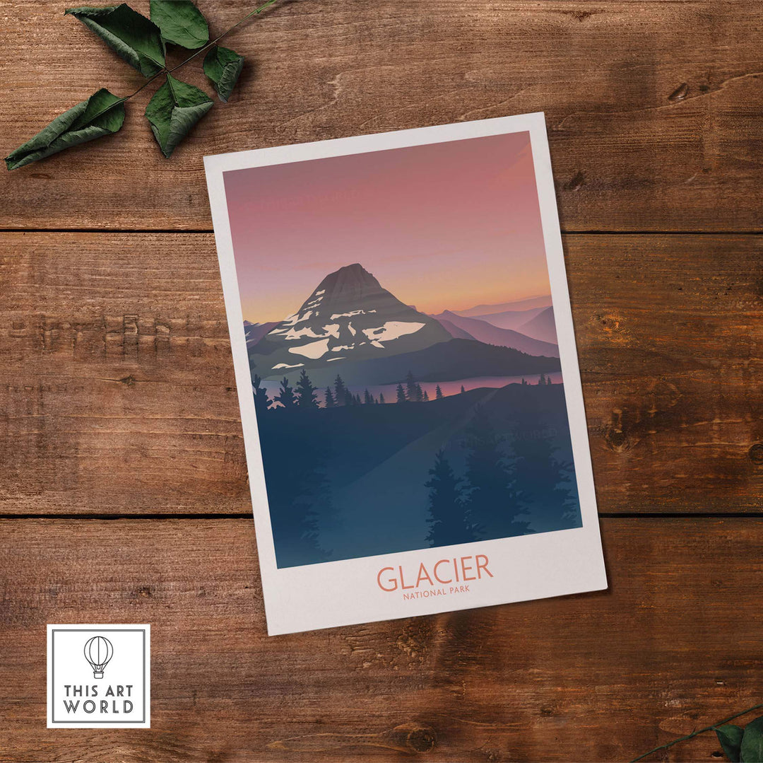 Glacier National Park art print featuring a mountain landscape in minimalist style on wooden surface.