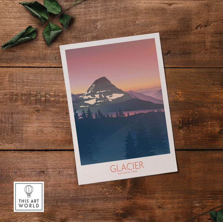Glacier National Park art print featuring a mountain landscape in minimalist style on wooden surface.