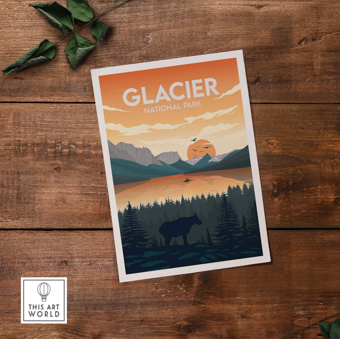 Glacier National Park poster featuring a sunset over mountains and trees, in a minimalist design.