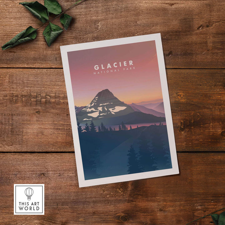 Glacier National Park vintage travel poster art print featuring mountain landscape and pastel colors.