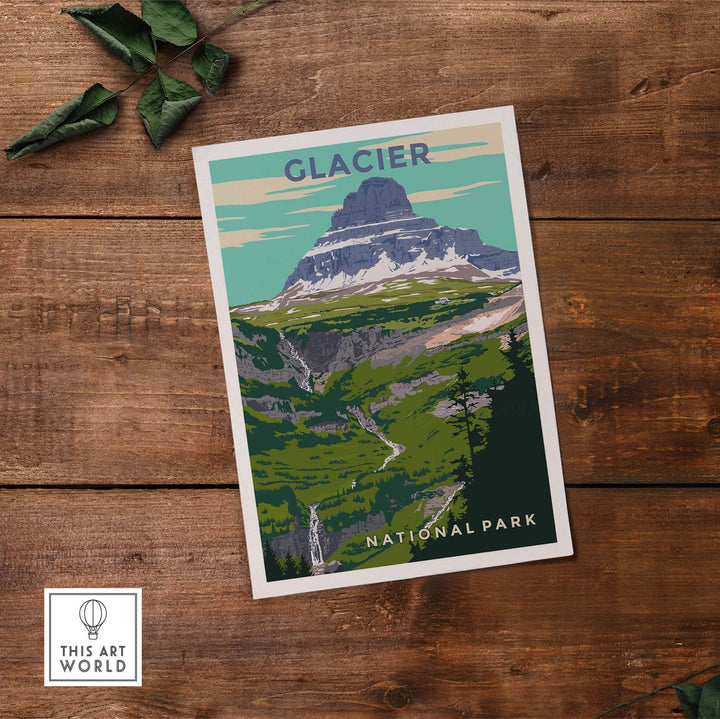 Glacier National Park print showcasing vibrant vintage-inspired artwork of stunning mountain scenery.