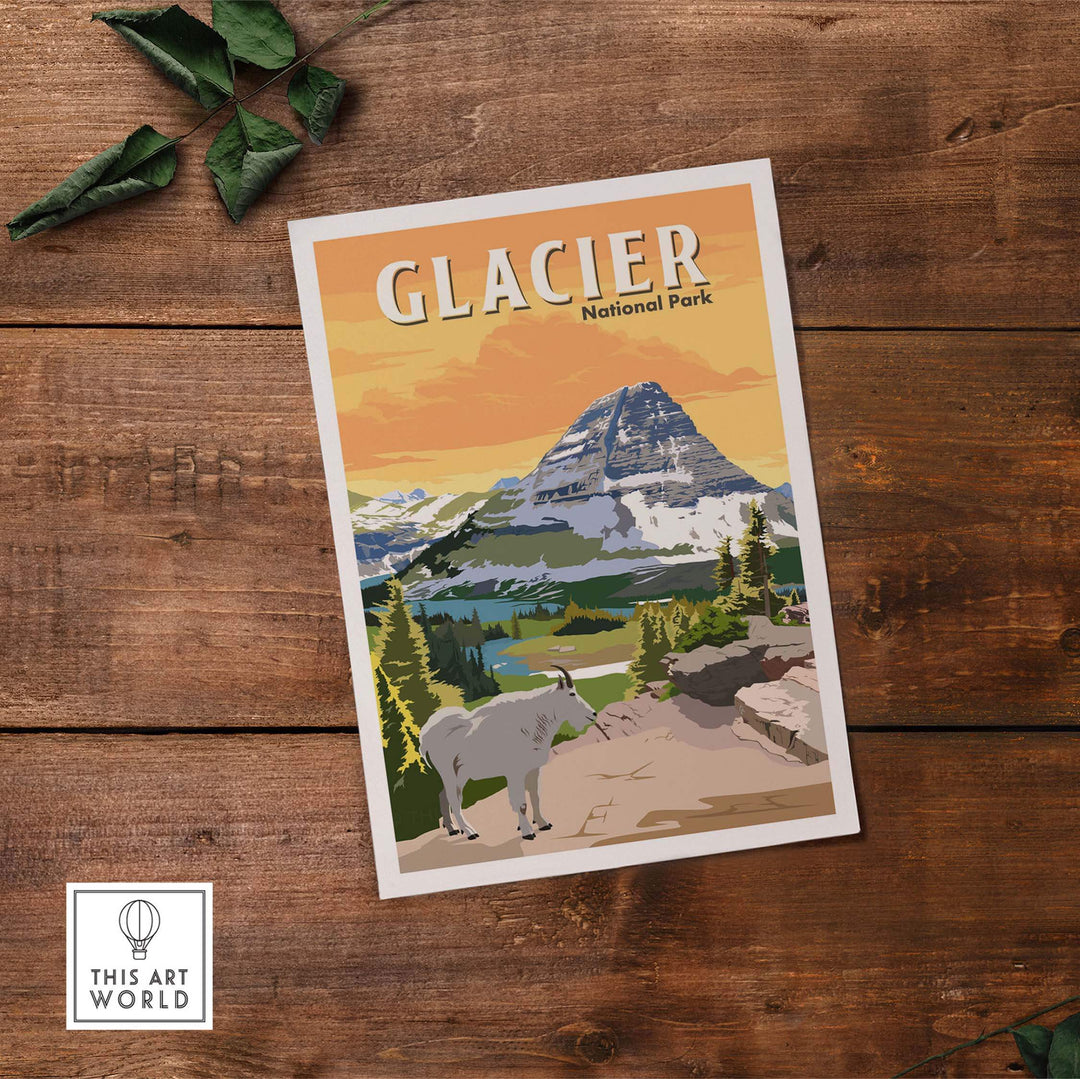 Glacier National Park poster print art featuring mountains and a goat on rustic wooden background.