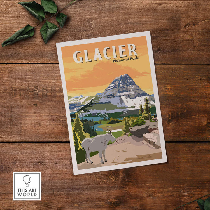 Glacier National Park poster print art featuring mountains and a goat on rustic wooden background.