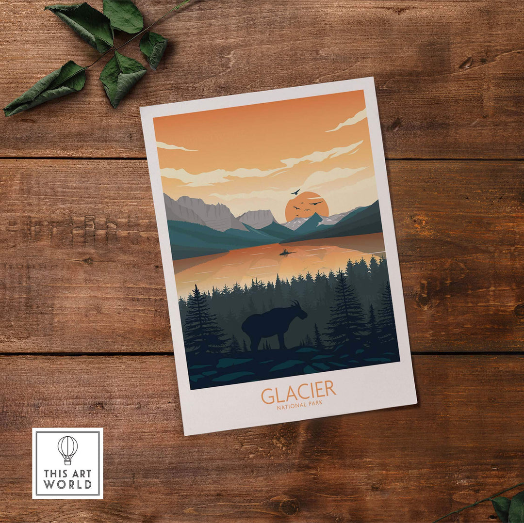 Glacier National Park poster art print featuring minimalist design, mountains, lake, and moose silhouette.