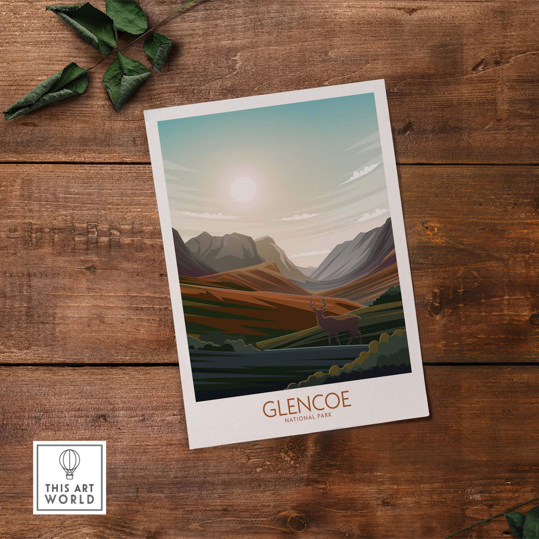 Glencoe National Park poster art print featuring minimalist landscape design on wooden table.
