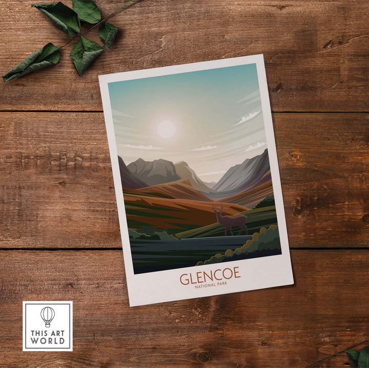 Glencoe National Park poster art print featuring minimalist landscape design on wooden table.