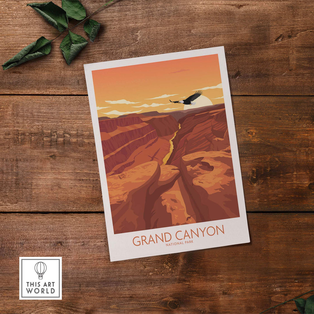 Grand Canyon National Park poster art print featuring a minimalist sunset design on wooden background.