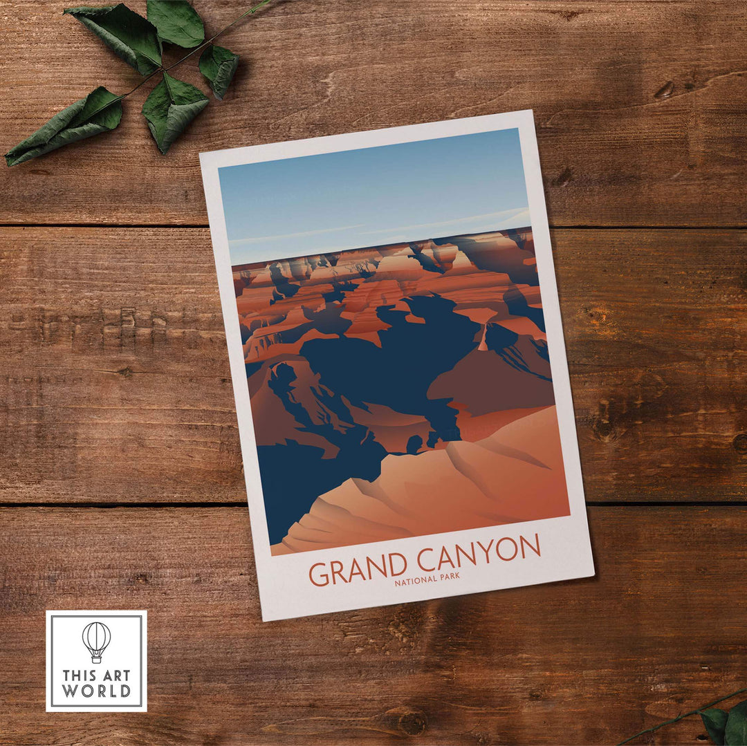 Grand Canyon National Park art print showcasing minimalist design on wood background, perfect for home or office decor.