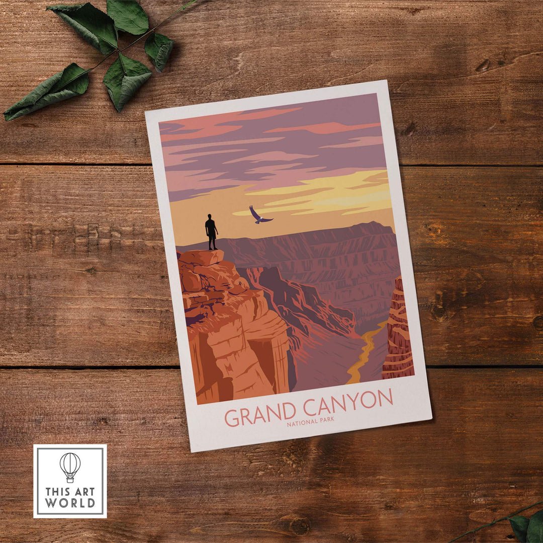 Grand Canyon poster print featuring a hiker and a sunset view, inspired by vintage National Park artwork.