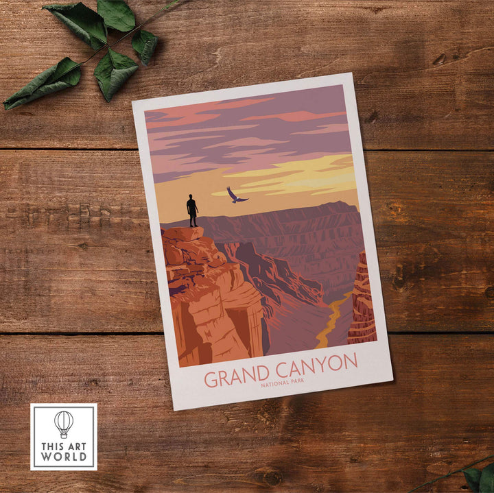 Grand Canyon poster print featuring a hiker and a sunset view, inspired by vintage National Park artwork.