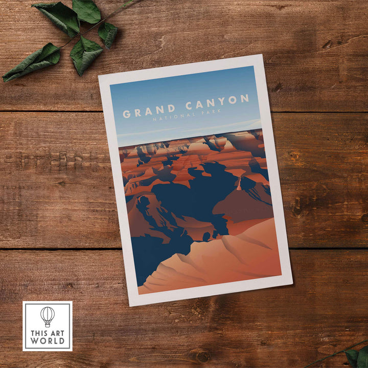 Vintage-inspired Grand Canyon National Park art print showcasing colorful cliffs and expansive landscapes. Perfect for home decor.