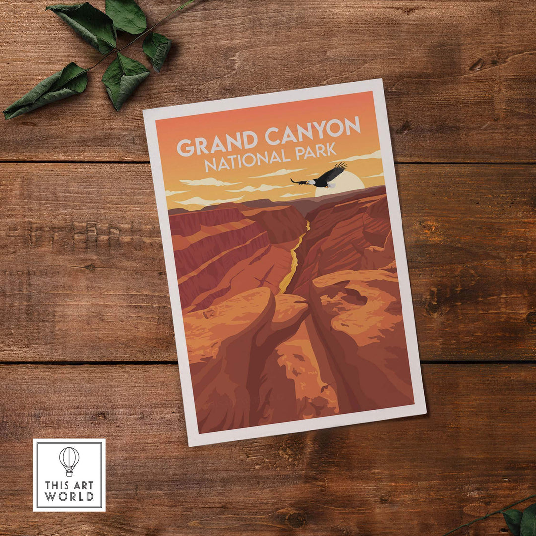 Grand Canyon National Park poster with a minimalist design on a wooden table, showcasing nature-inspired artwork.