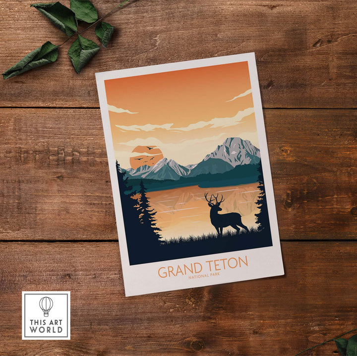 Grand Teton National Park art print featuring mountains, sunset, and wildlife in minimalist style.