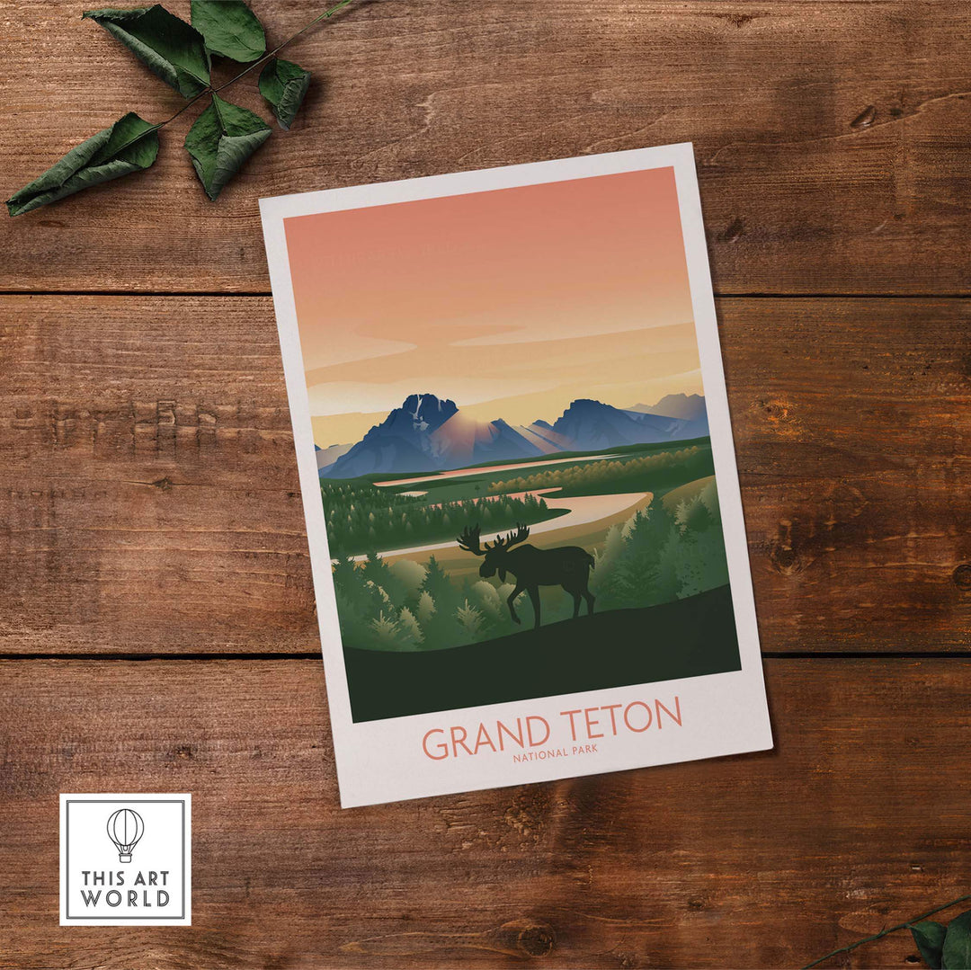 Grand Teton National Park art print featuring minimalist design and beautiful scenery of mountains and wildlife.