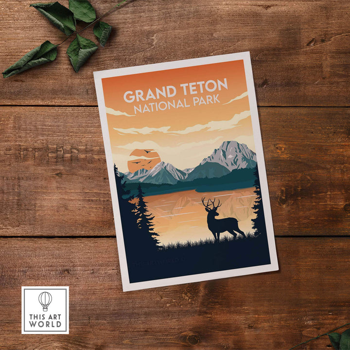 Grand Teton National Park poster featuring mountains and elk on a wooden background.