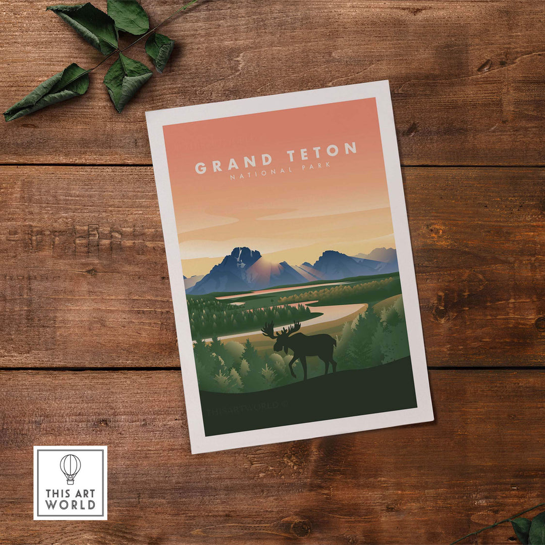 Grand Teton National Park travel poster art featuring a moose and serene landscape, framed or unframed options available.