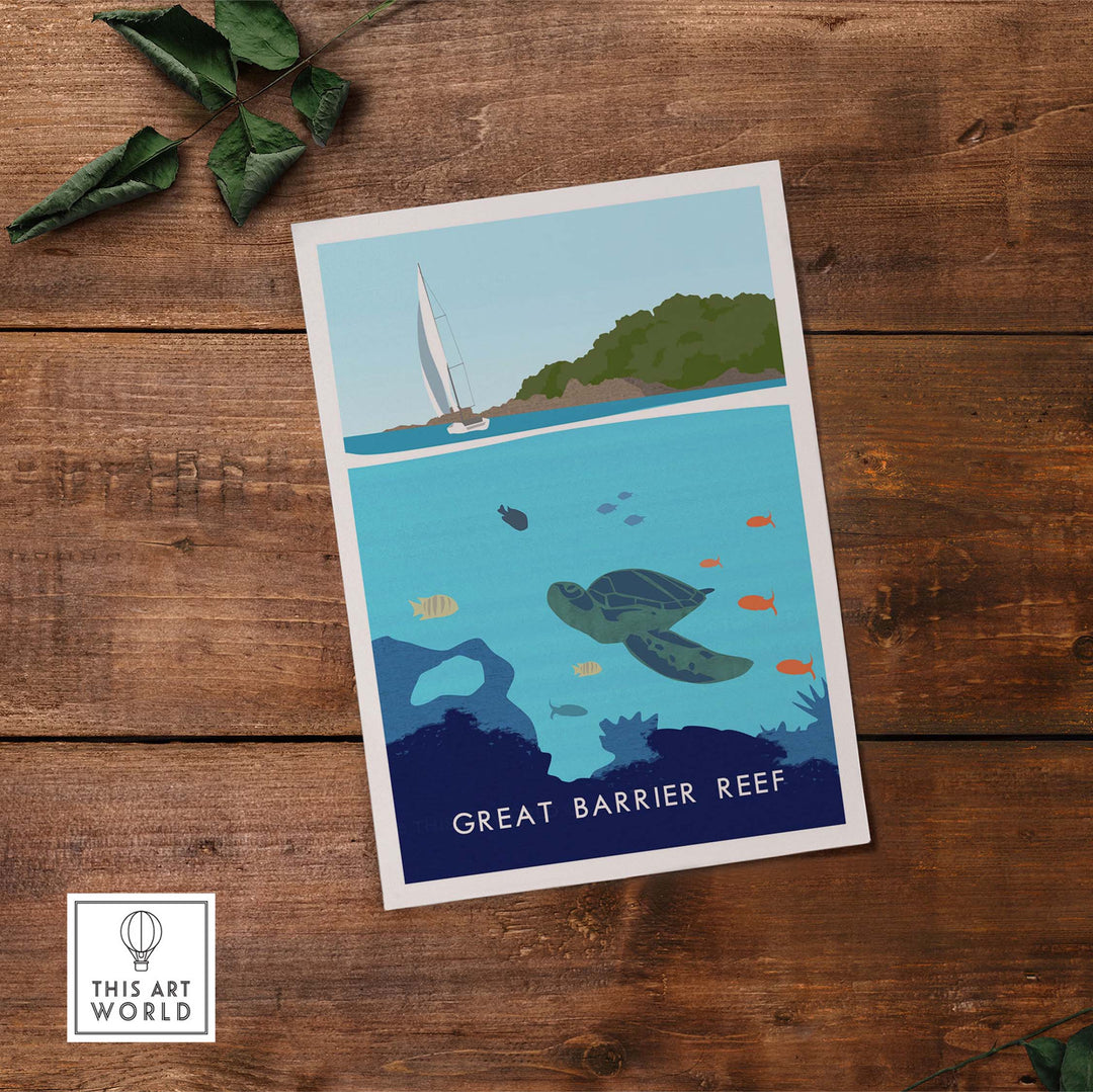 Great Barrier Reef Print featuring a sailboat and underwater scene with colorful fish and a turtle. Perfect for travel lovers.