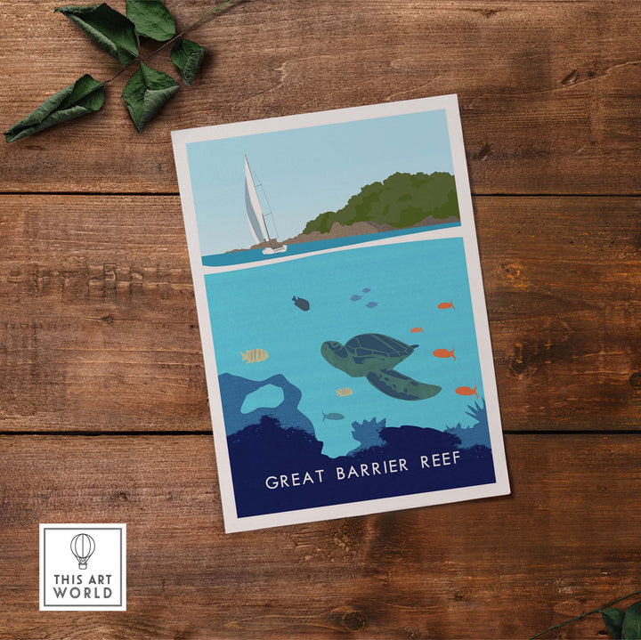 Great Barrier Reef Print featuring a sailboat and underwater scene with colorful fish and a turtle. Perfect for travel lovers.
