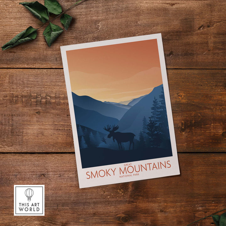 Smoky Mountains National Park art print featuring a minimalist design with an elk silhouette and sunset backdrop.