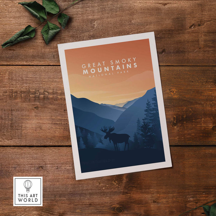 Great Smoky Mountains travel poster artwork featuring a moose and vibrant sunset colors.