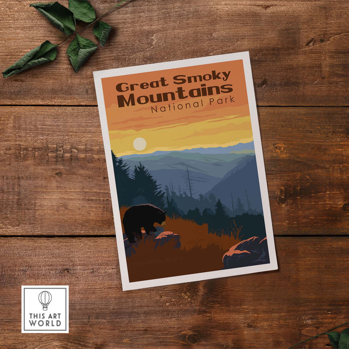 Great Smoky Mountains National Park Print featuring a scenic sunset and bear illustration, perfect for outdoors lovers.