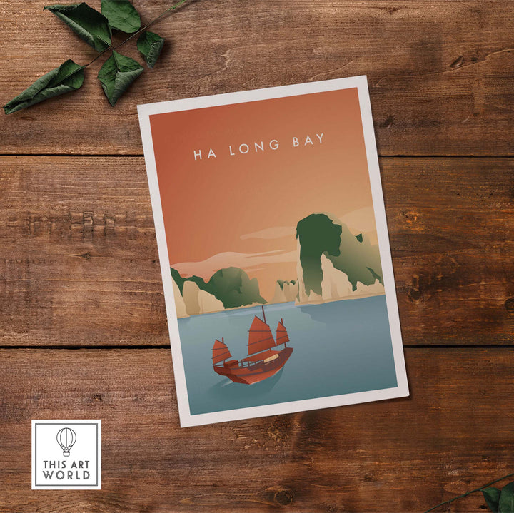 Ha Long Bay wall art poster featuring vintage travel design with a boat and scenic landscape.