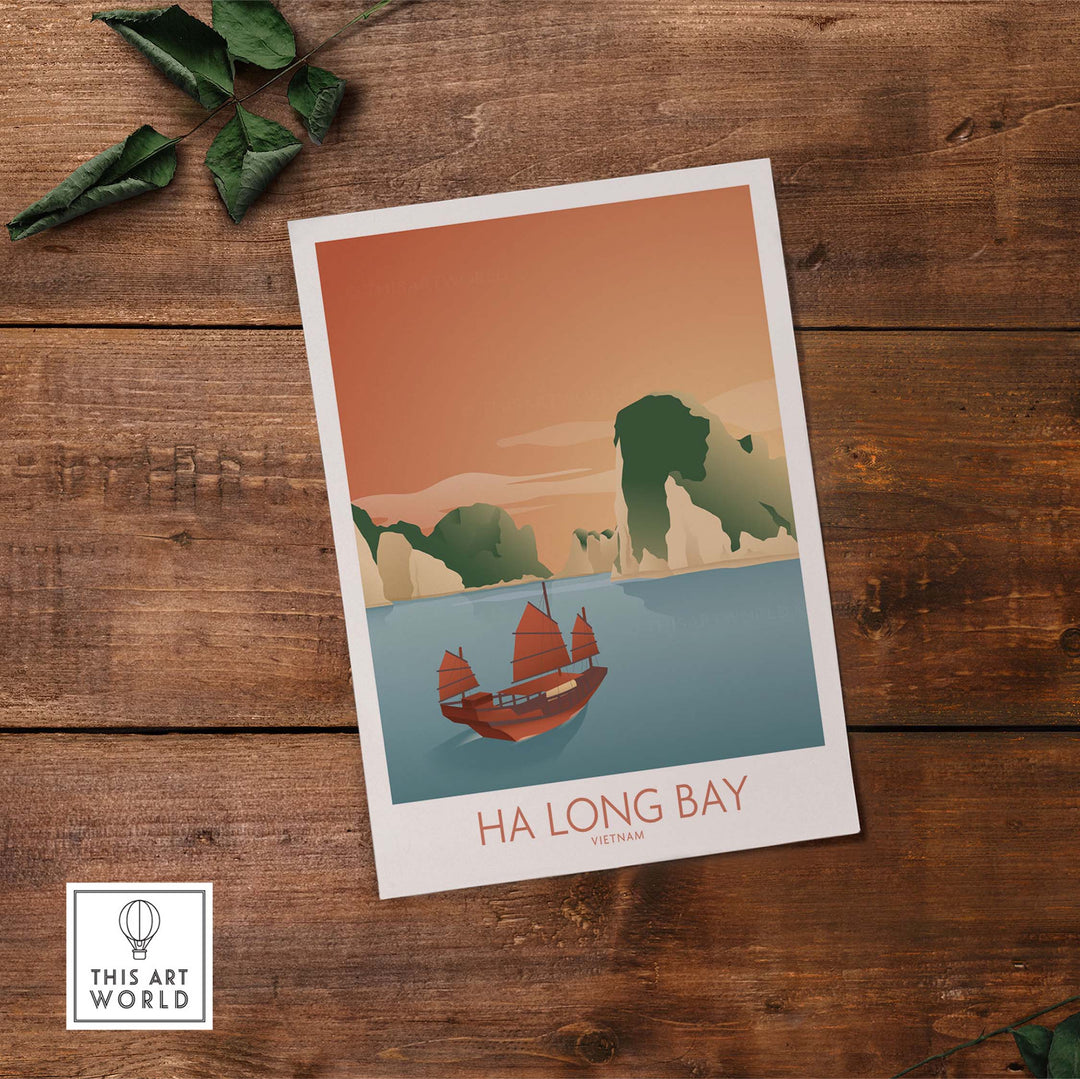 Ha Long Bay Wall Art Vietnam Print showcasing vintage style travel design with a scenic landscape and traditional boats.