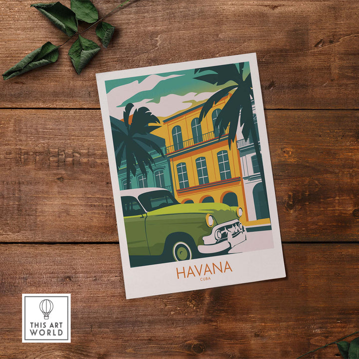 Havana Cuba poster print featuring vintage car and tropical scene, perfect for travel-inspired wall art.