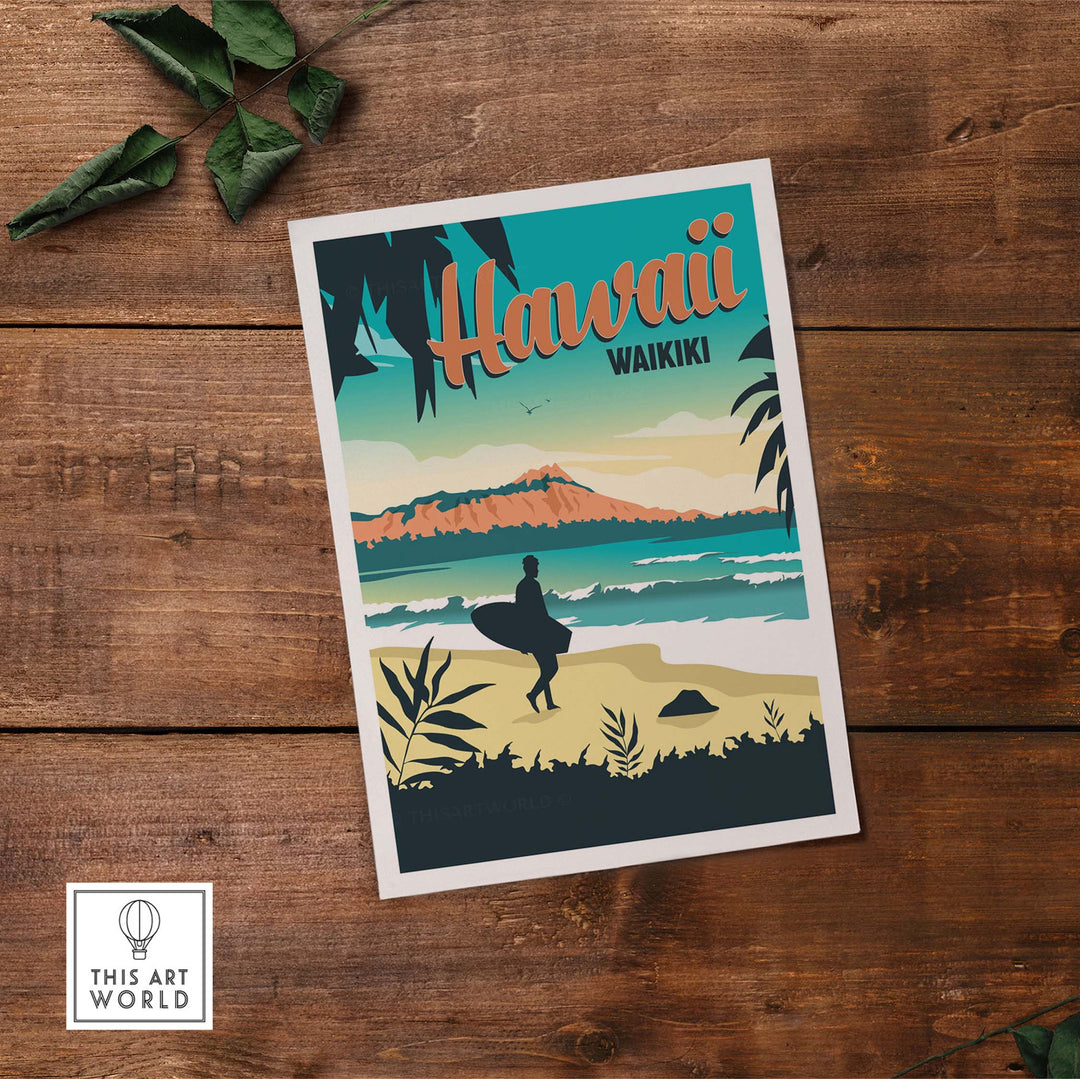 Hawaii Waikiki vintage travel poster showcasing a surfer at the beach with lush greenery and scenic mountains.