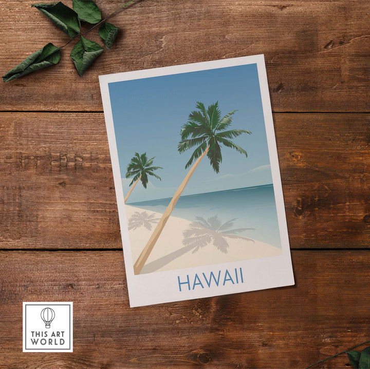 Hawaii Beach Wall Art Print featuring palm trees and ocean, inspired by vintage travel posters.