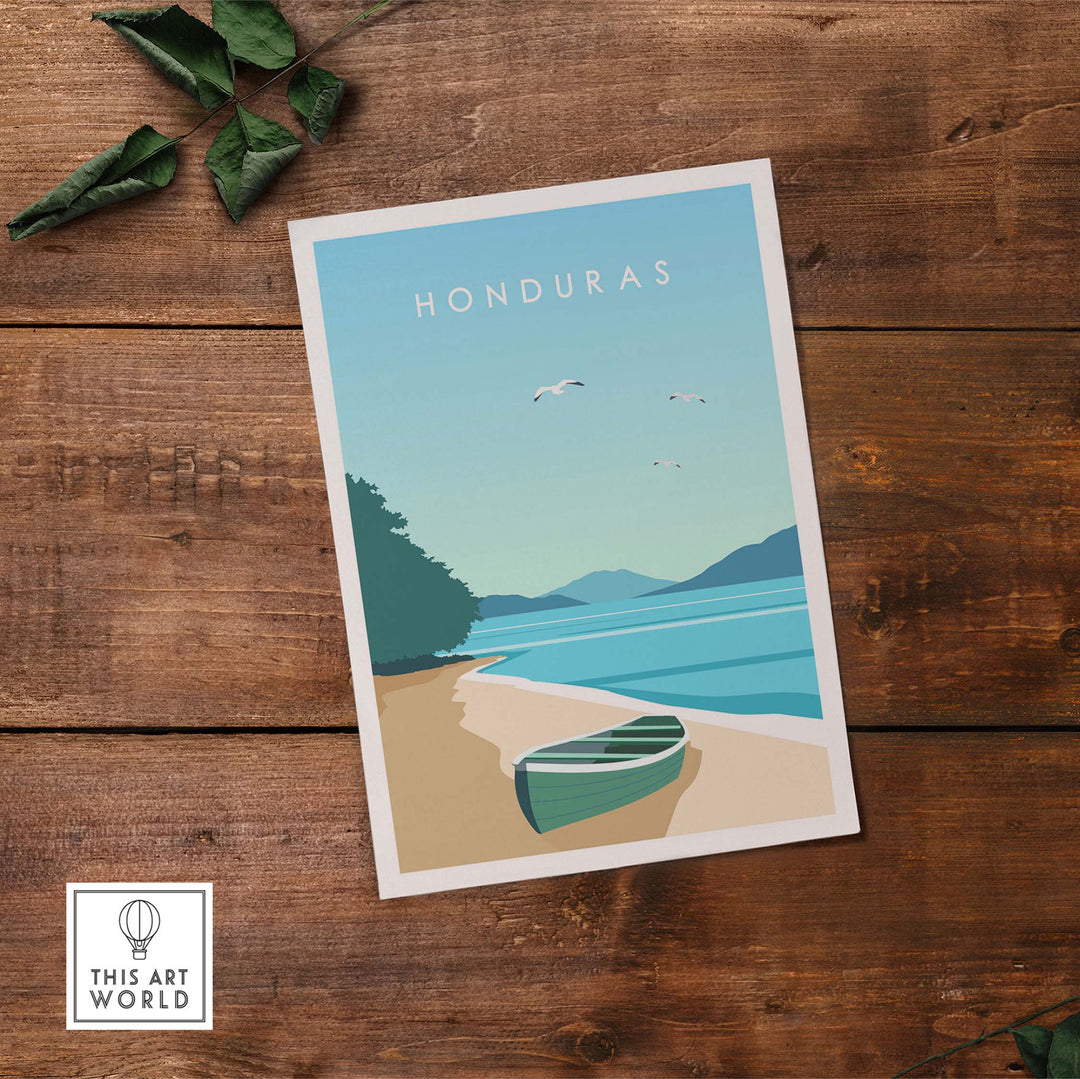 Vintage-inspired travel poster of Honduras featuring a serene beach scene with a boat.