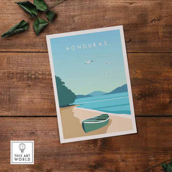Vintage-inspired travel poster of Honduras featuring a serene beach scene with a boat.