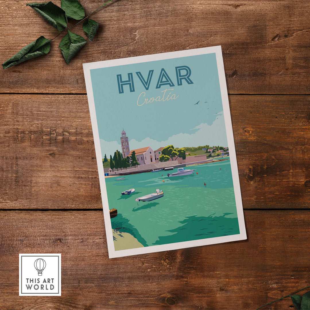 Hvar Croatia print poster wall art featuring a serene coastal scene with boats and a vintage style.