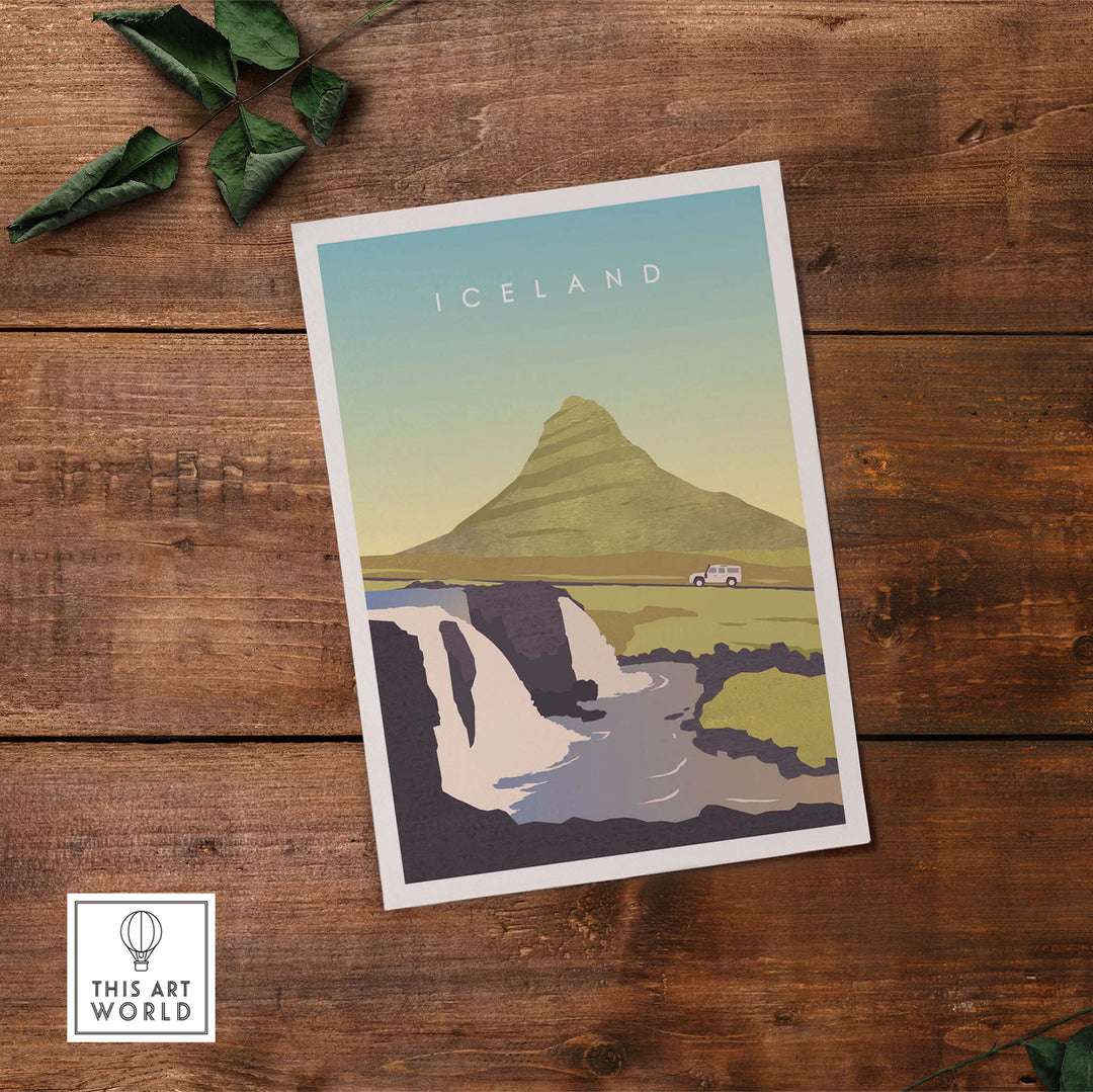Iceland Print Wall Art Poster featuring a scenic mountain landscape and waterfall with vintage design.