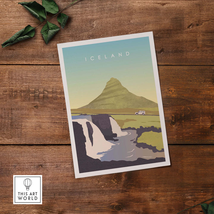 Iceland Print Wall Art Poster featuring a scenic mountain landscape and waterfall with vintage design.