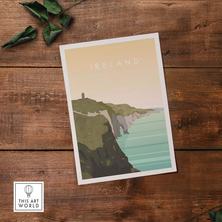 Ireland travel poster print showcasing cliffs and ocean, inspired by vintage art, perfect for home decor.